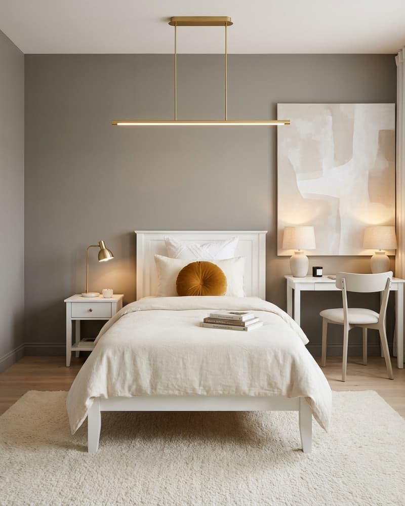 Habitación juvenil estilo hotel boutique con cama blanca, lámpara brass lineal, escritorio pequeño con silla, arte abstracto grande y alfombra crema