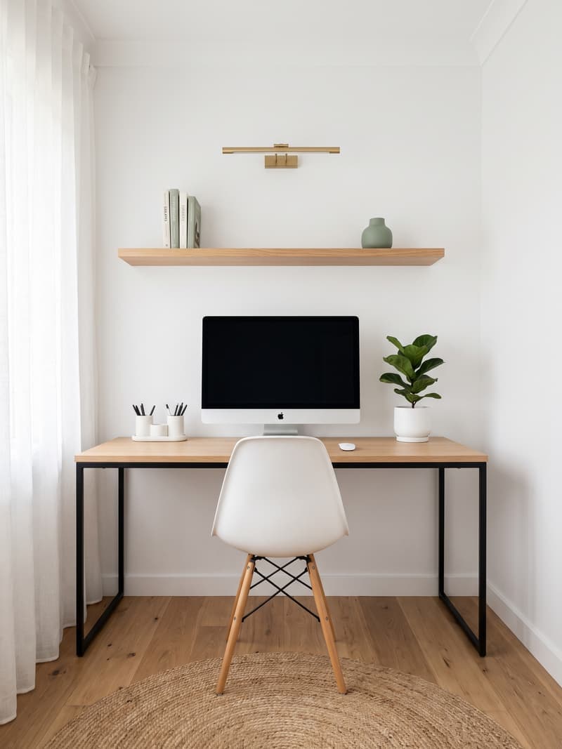 Oficina nórdica luminosa con escritorio de roble claro, silla blanca Eames, planta fiddle-leaf y estante flotante con libros