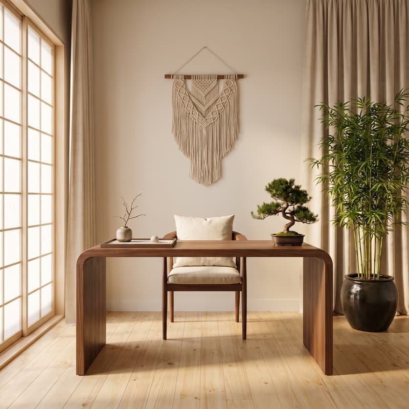 Oficina japandi serena con escritorio bajo de nogal, cojín de meditación en el suelo, planta de bambú y macramé en la pared