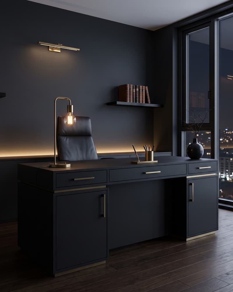 Oficina moderna oscura con escritorio negro mate, silla de cuero, lámpara de latón, libros en estante y luz cálida de trabajo