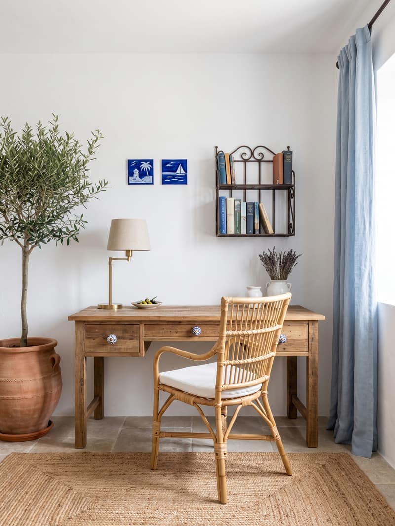 Oficina mediterránea con escritorio de madera recuperada, silla de mimbre, olivo en maceta de terracota y azulejos pintados