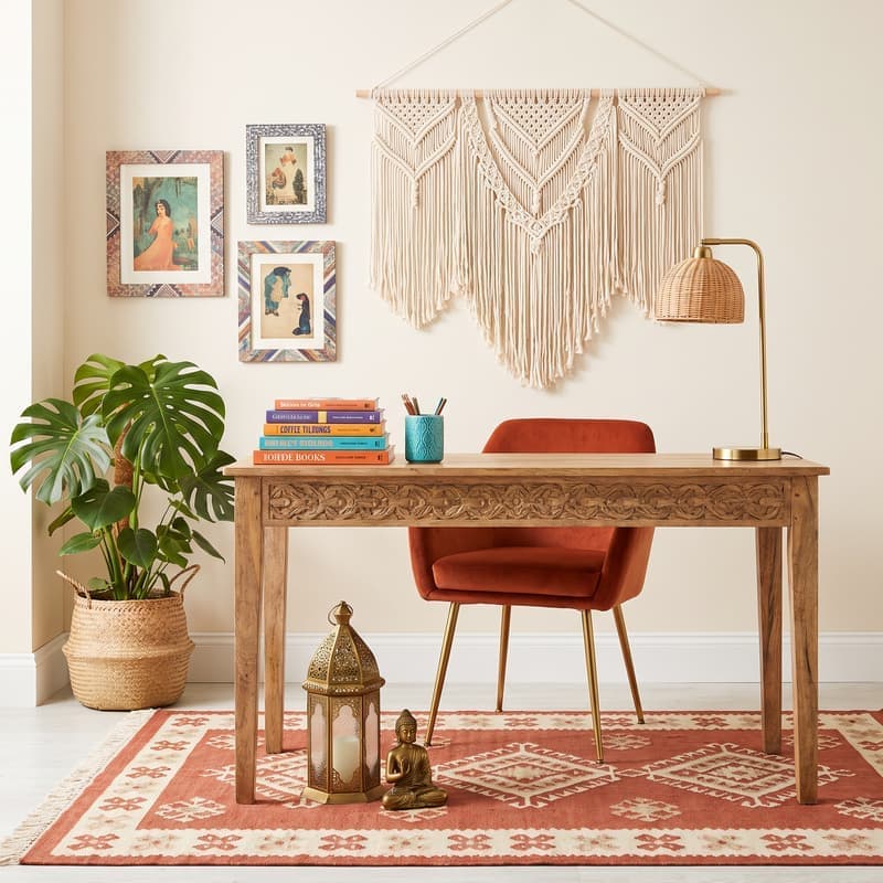 Oficina bohemia con escritorio de madera con tallados, silla de terciopelo naranja, macramé en pared, libros coloridos y plantas