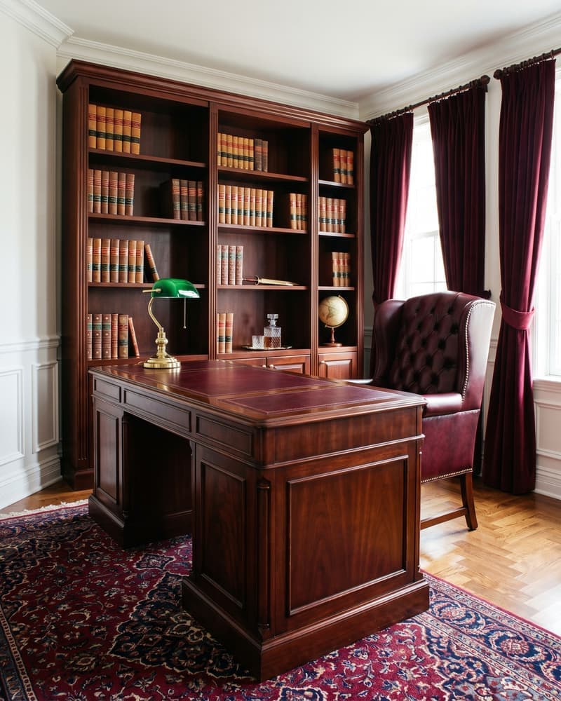 Oficina clásica formal con escritorio de caoba, silla de cuero burdeos, lámpara de banco, libros en estantería del piso al techo y globo terráqueo