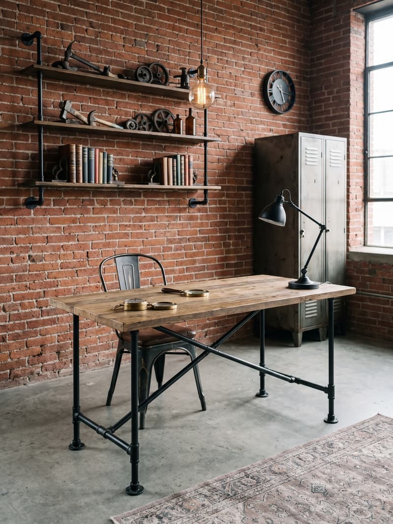 Oficina industrial cálida con escritorio de madera y patas de tubería negra, silla Tolix, pared de ladrillo, estantes de metal y libros antiguos