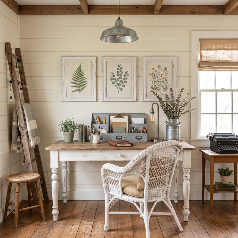 Oficina farmhouse con escritorio blanco decapado, silla de mimbre, 3 grabados botánicos, escalera de madera con manta, máquina de escribir vintage