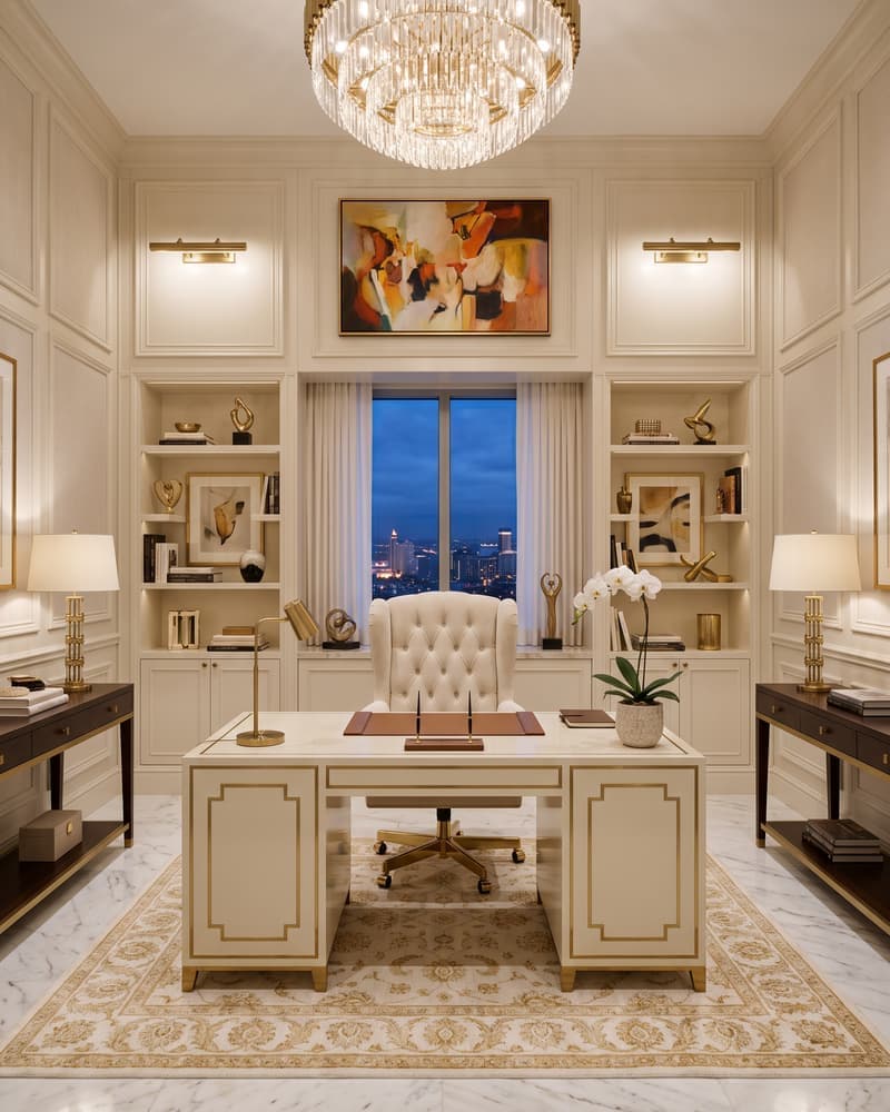 Oficina ejecutiva de hotel boutique con escritorio lacado crema con inlay dorado, silla capitoné, candelabro, simetría perfecta y vista nocturna de ciudad