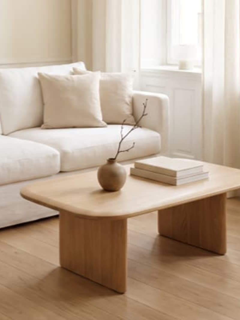 Sala nórdica luminosa con sofá blanco, madera clara y abundante luz natural