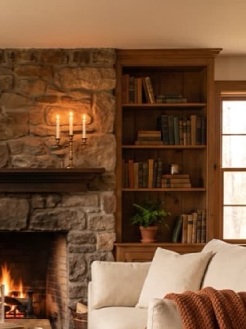 Sala cálida con chimenea, paleta terracota y ambiente acogedor
