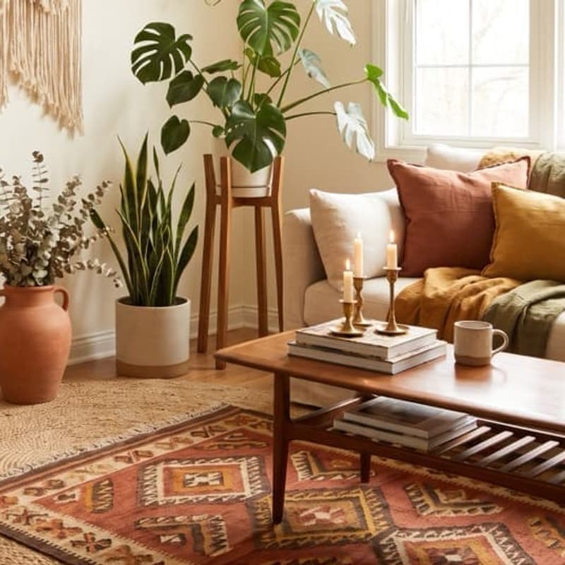 Sala de estilo boho con fibras naturales, plantas y colores tierra