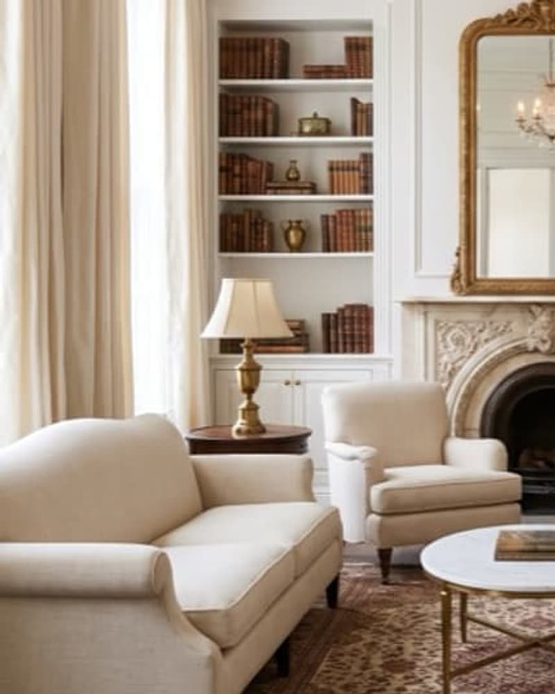 Sala clásica elegante con paleta neutra, molduras y mobiliario atemporal