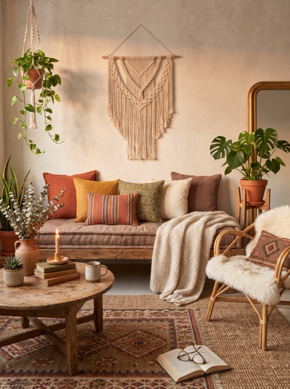 Sala bohemia cálida con textiles, cojines mezclados, plantas y kilim sobre yute