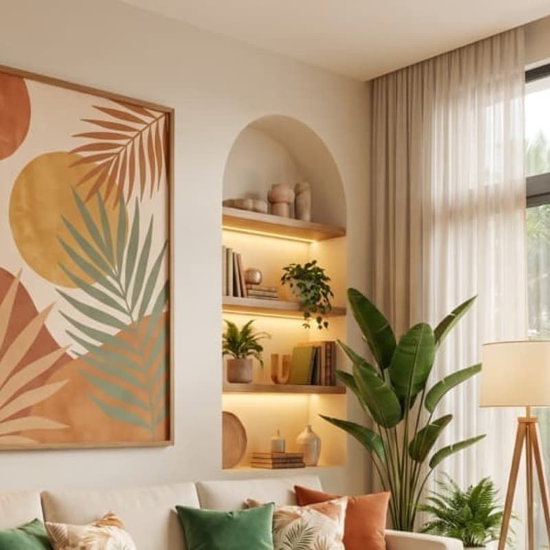 Sala bohemia cálida con seccional crema, cuadro botánico grande, plantas abundantes, lámpara de ratán colgante y lámpara de pie con trípode